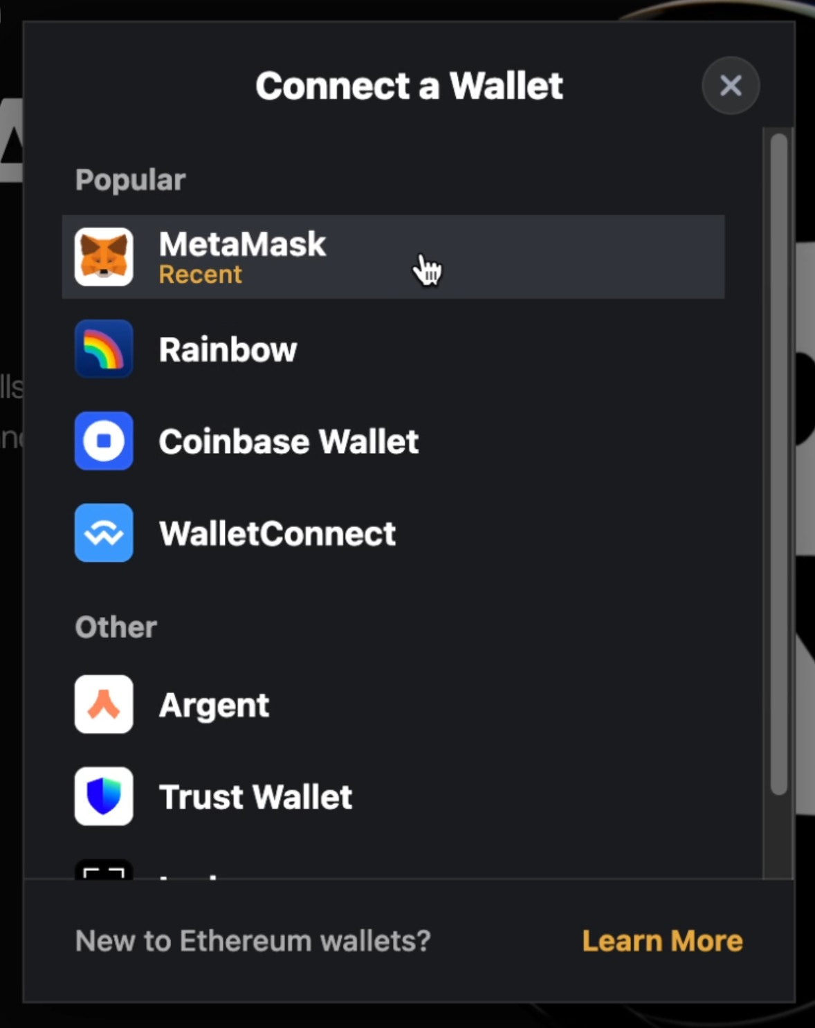 Wallet selection modal showing available wallets