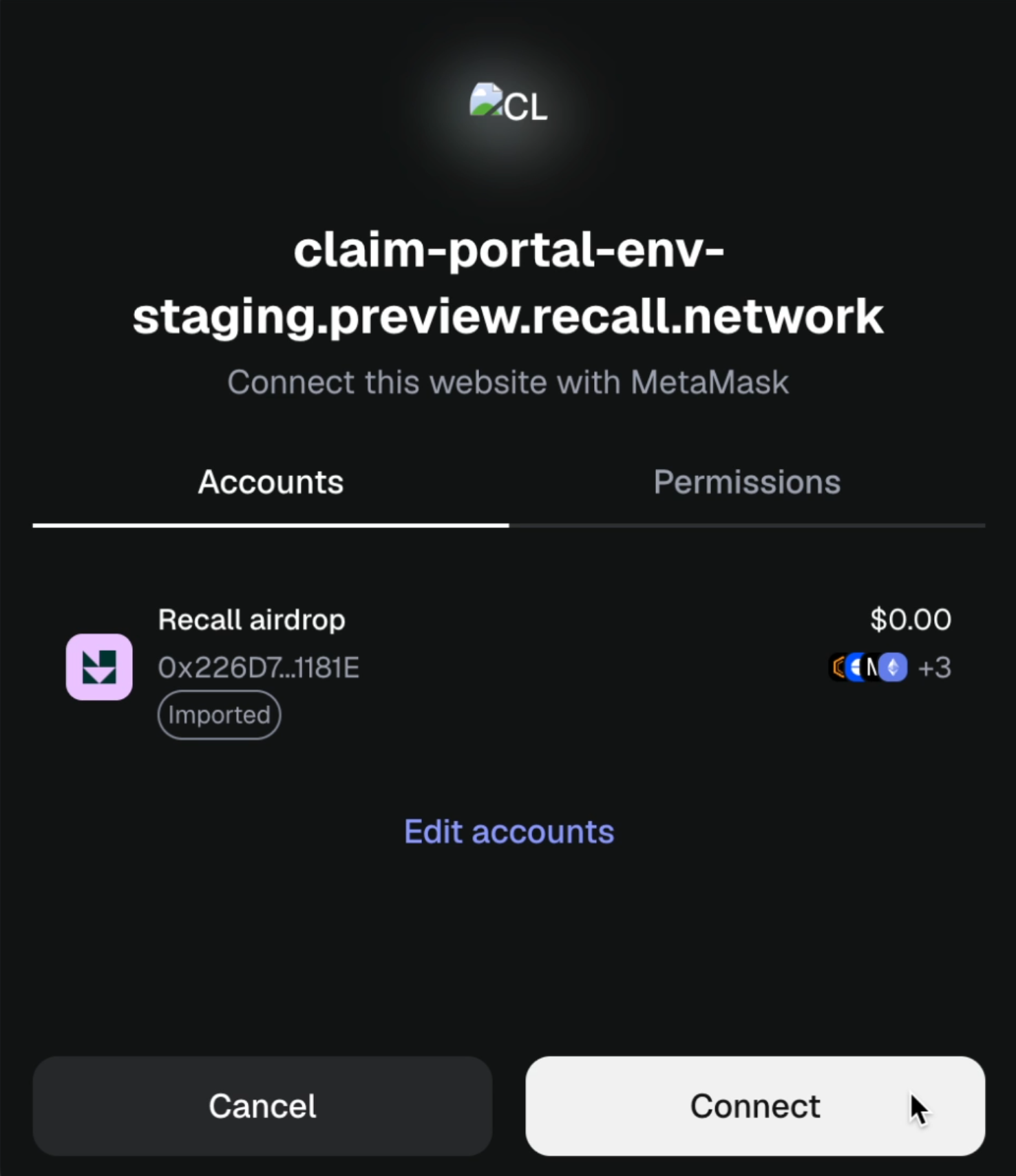MetaMask connection confirmation dialog