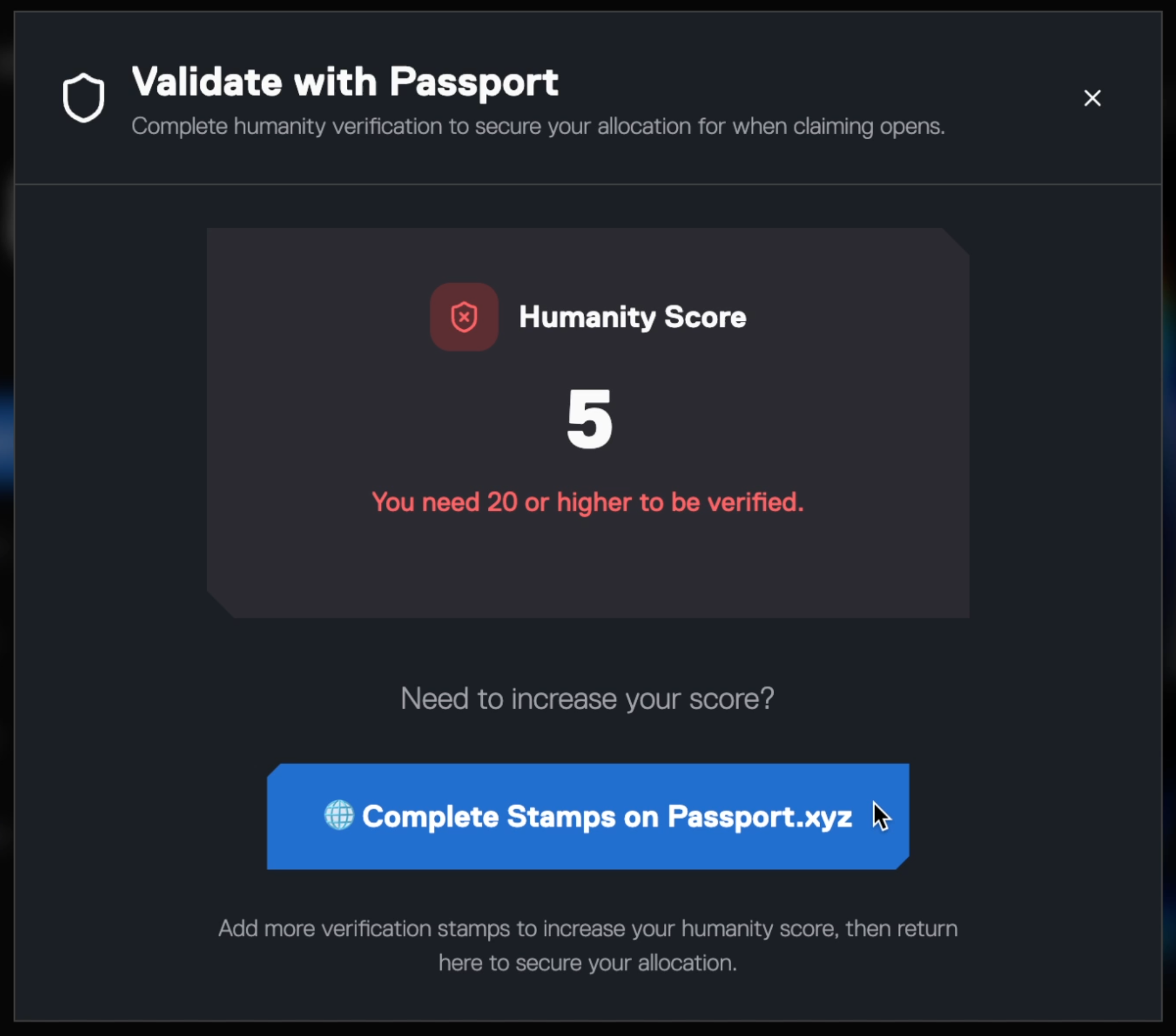 Complete Stamps on Passport.xyz button