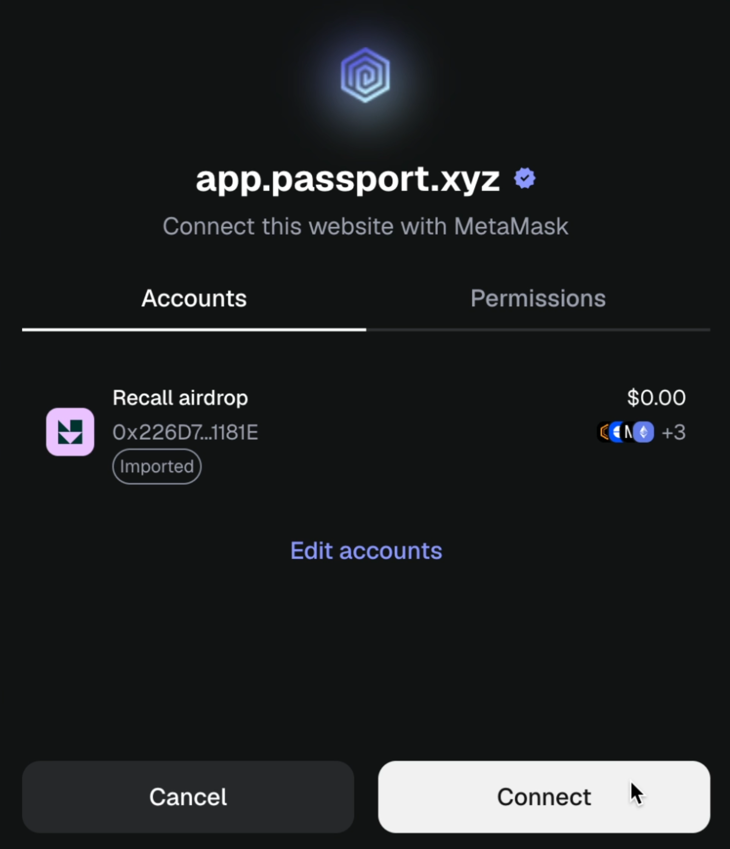 MetaMask connection confirmation on Passport.xyz
