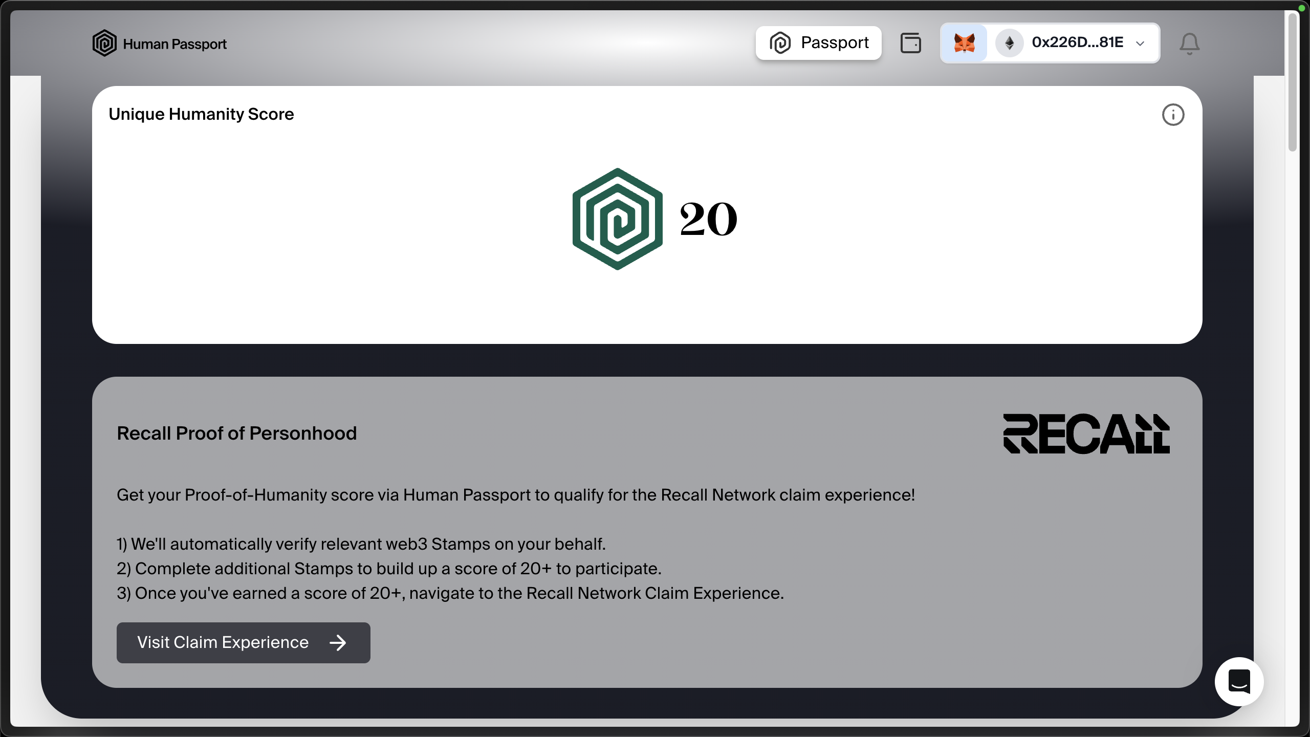 Visit Claim Experience button after reaching score threshold