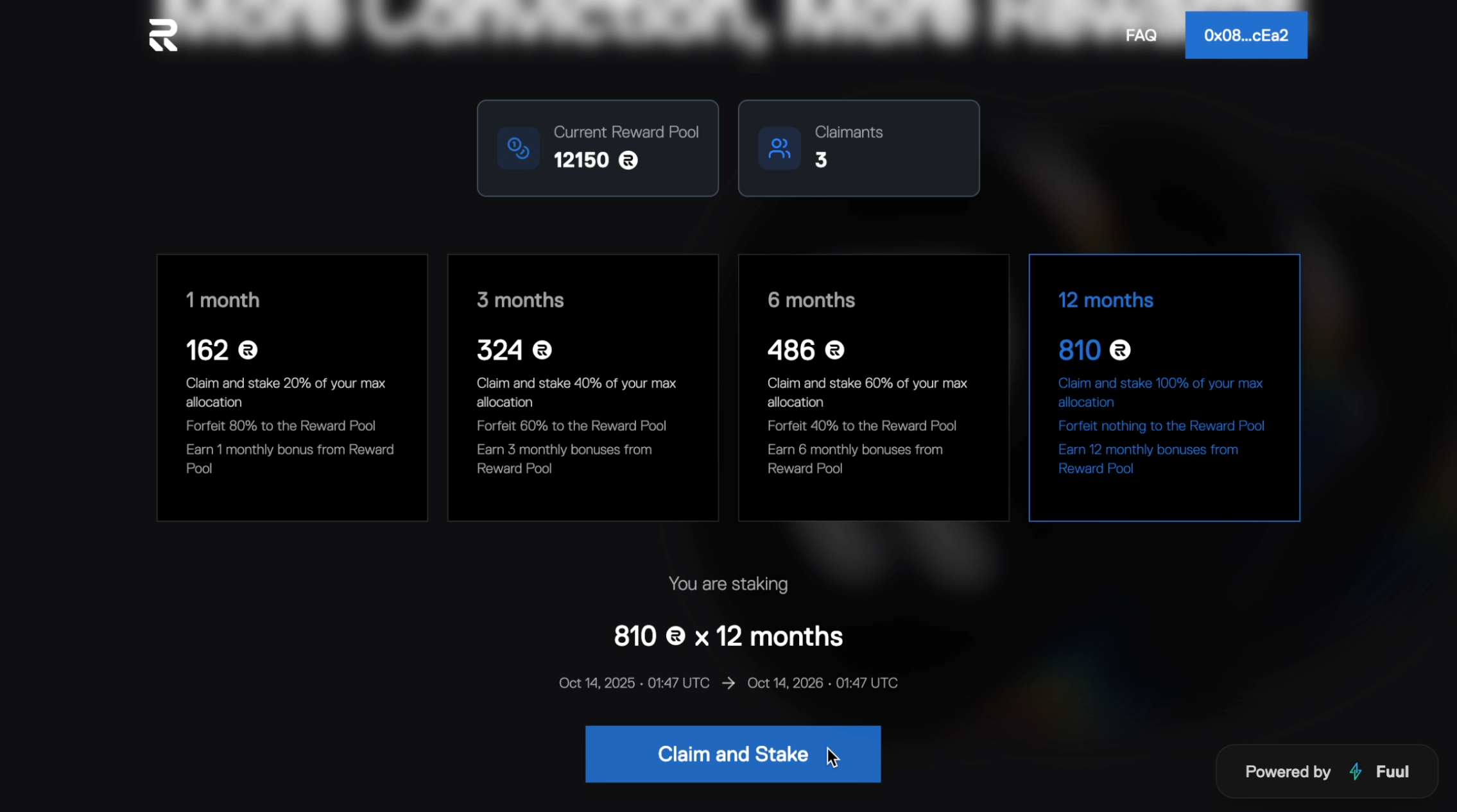 Staking period selection with Claim and Stake button