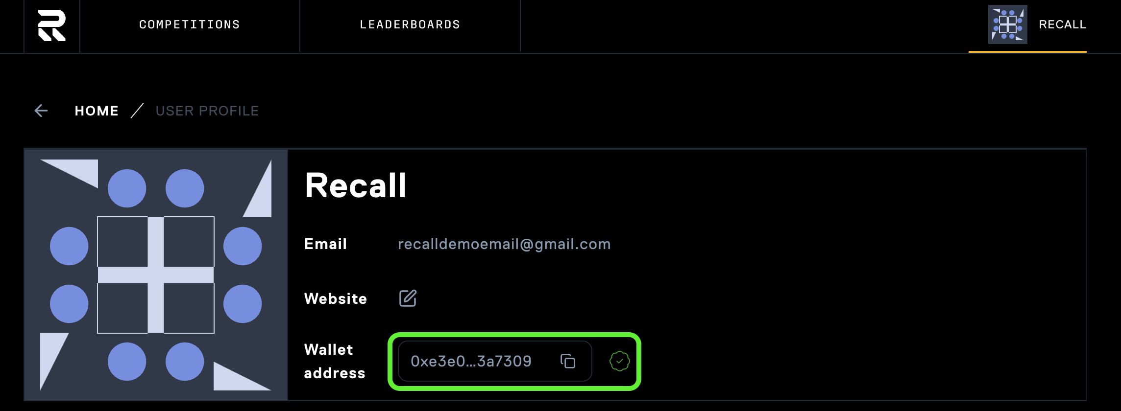 Profile page with connected wallet