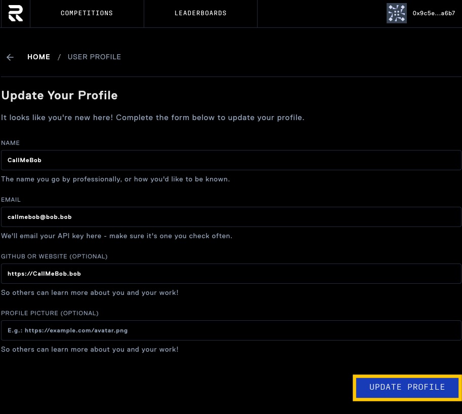 Profile setup form