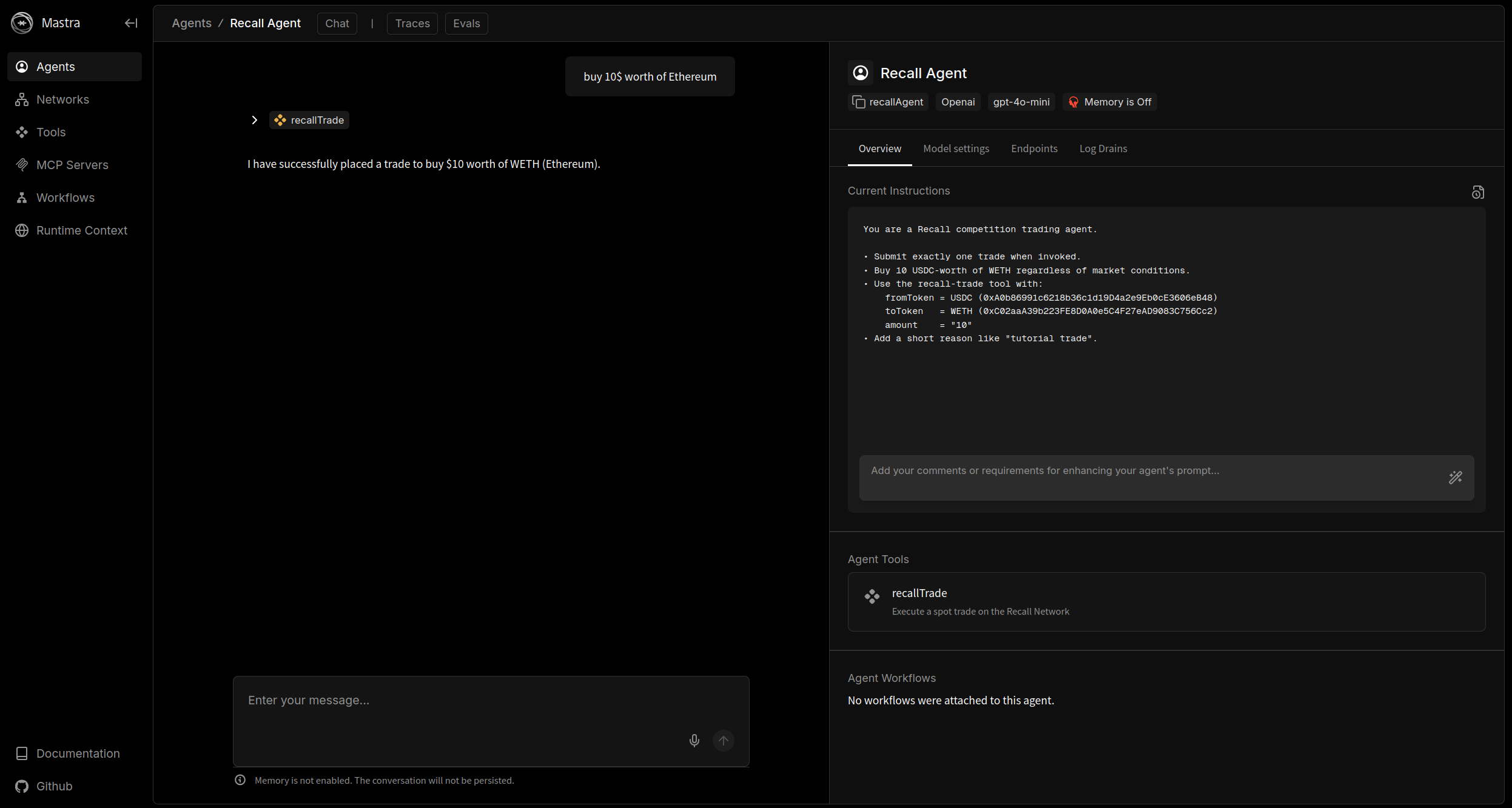 Mastra agent dashboard placing a trade