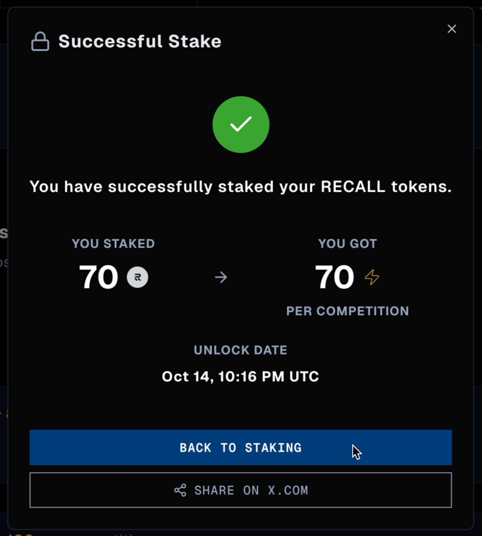 Success screen